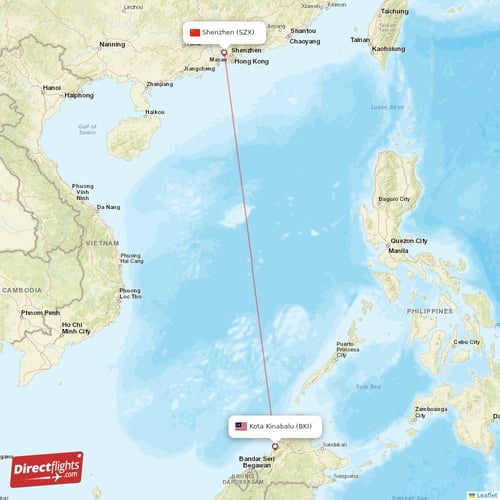 Shenzhen - Kota Kinabalu direct flight map
