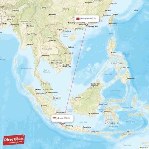 Shenzhen - Jakarta direct flight map