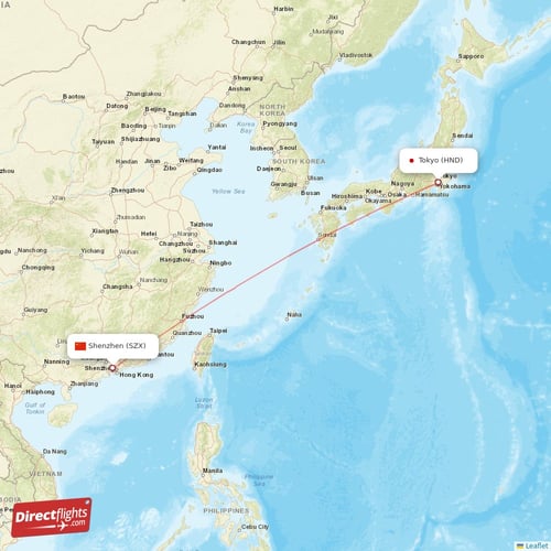 Shenzhen - Tokyo direct flight map