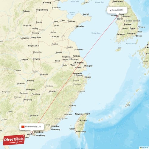 Shenzhen - Seoul direct flight map