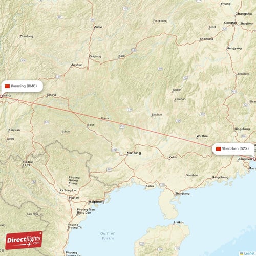Shenzhen - Kunming direct flight map