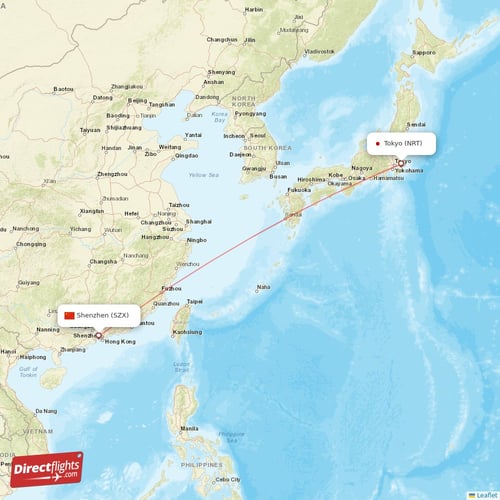 Shenzhen - Tokyo direct flight map