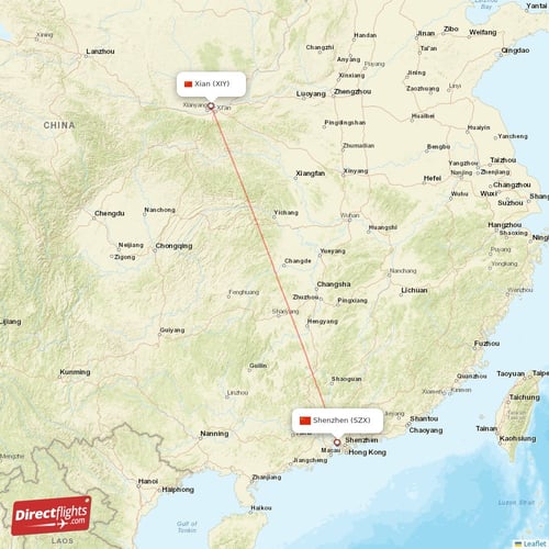 Shenzhen - Xian direct flight map