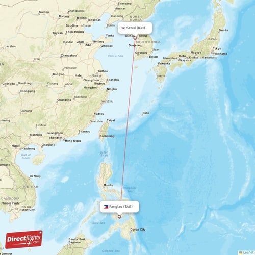 Panglao - Seoul direct flight map
