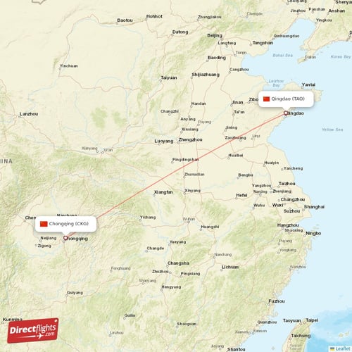 Qingdao - Chongqing direct flight map