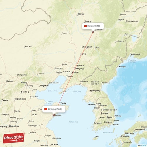 Qingdao - Harbin direct flight map