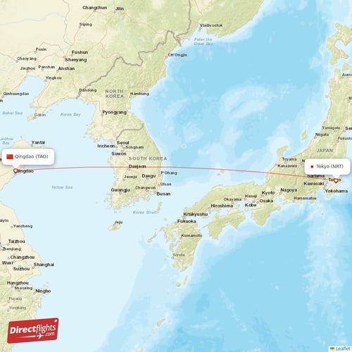 Qingdao - Tokyo direct flight map