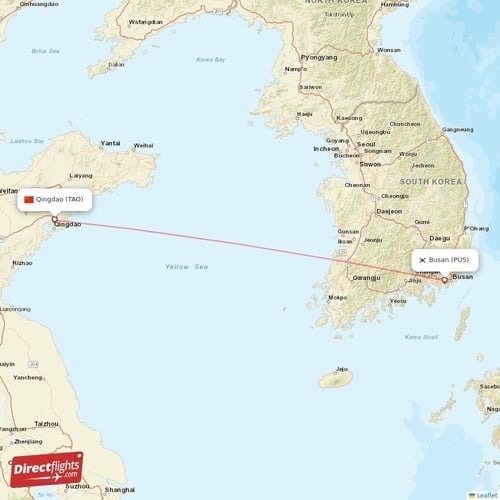 Qingdao - Busan direct flight map