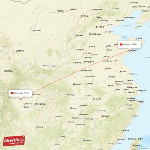 Qingdao - Chengdu direct flight map