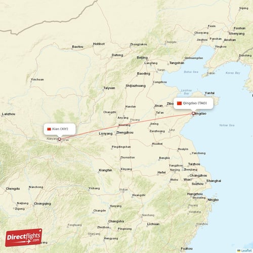 Qingdao - Xian direct flight map