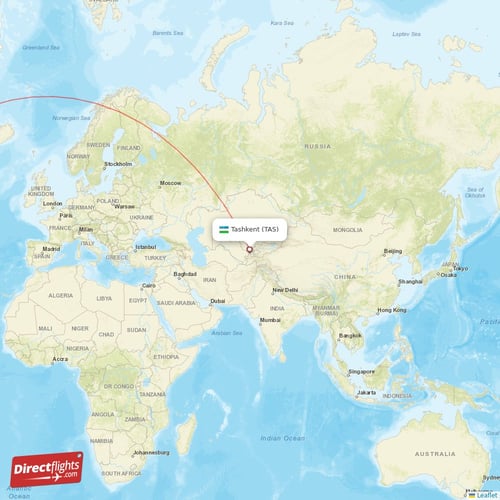 Tashkent - New York direct flight map