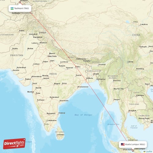 Tashkent - Kuala Lumpur direct flight map