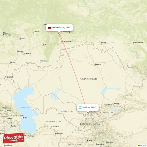 Tashkent - Yekaterinburg direct flight map