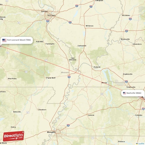 Fort Leonard Wood - Nashville direct flight map