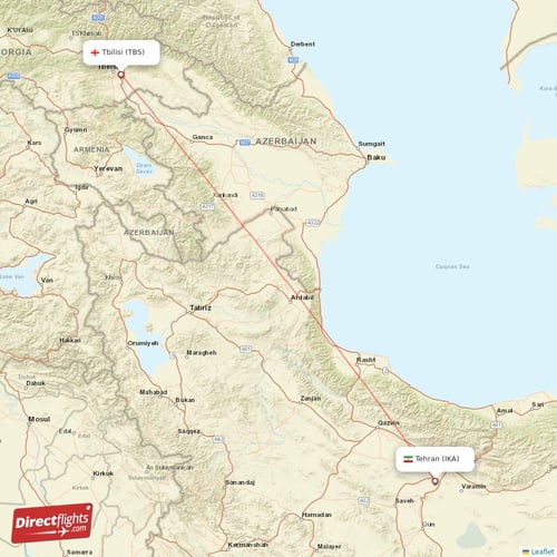Tbilisi - Tehran direct flight map