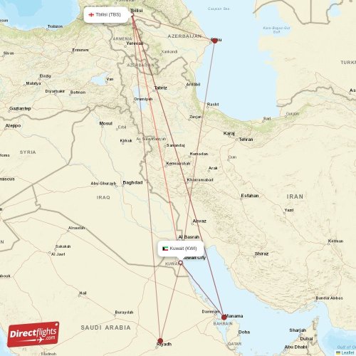 Tbilisi - Kuwait direct flight map