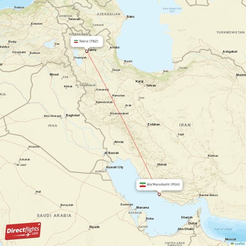 Tabriz - Ala'Marvdasht direct flight map