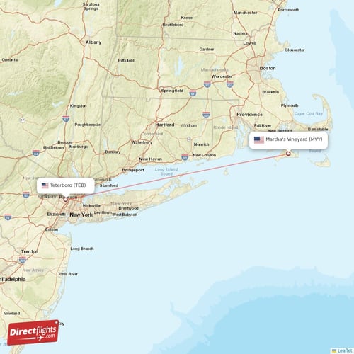 Teterboro - Martha's Vineyard direct flight map