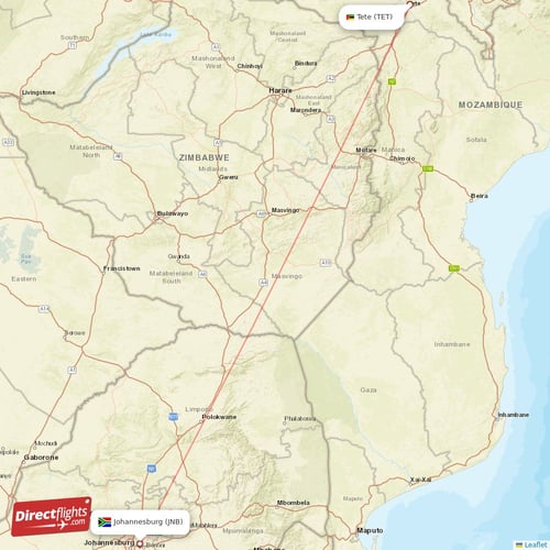 Tete - Johannesburg direct flight map