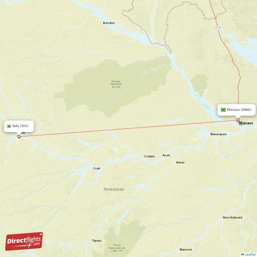 Tefe - Manaus direct flight map