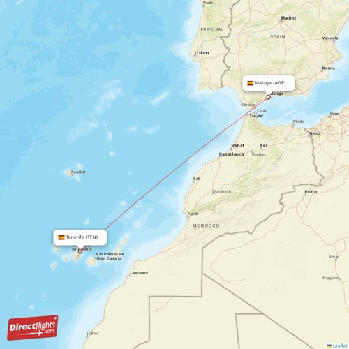 Tenerife - Malaga direct flight map