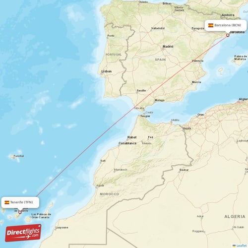 Tenerife - Barcelona direct flight map