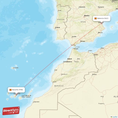 Tenerife - Valencia direct flight map