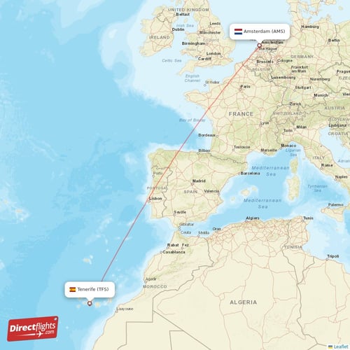 Tenerife - Amsterdam direct flight map