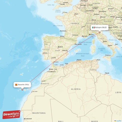 Tenerife - Bologna direct flight map