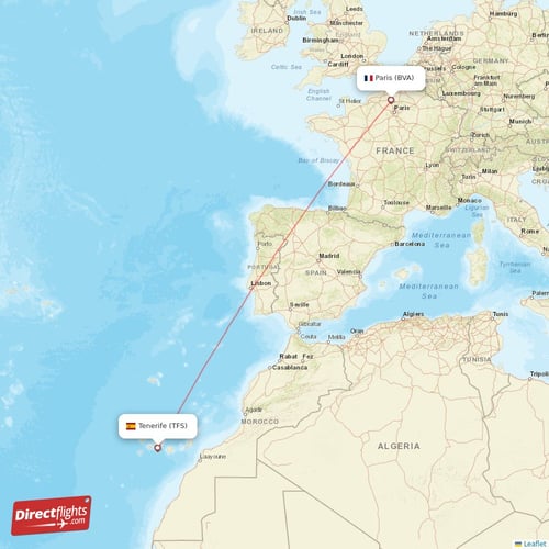 Tenerife - Paris direct flight map