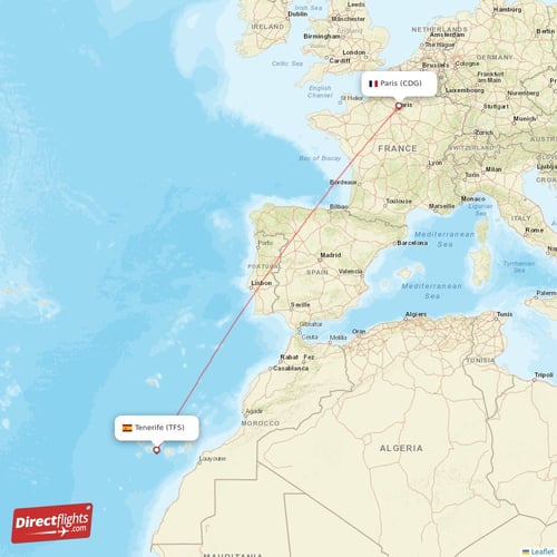 Tenerife - Paris direct flight map
