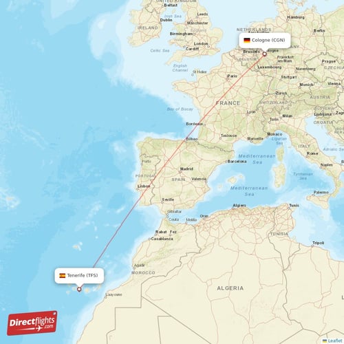 Tenerife - Cologne direct flight map
