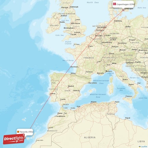 Tenerife - Copenhagen direct flight map