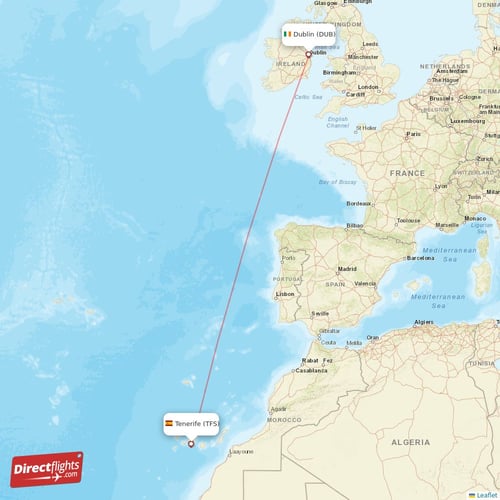 Tenerife - Dublin direct flight map