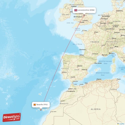 Tenerife - Leicestershire direct flight map