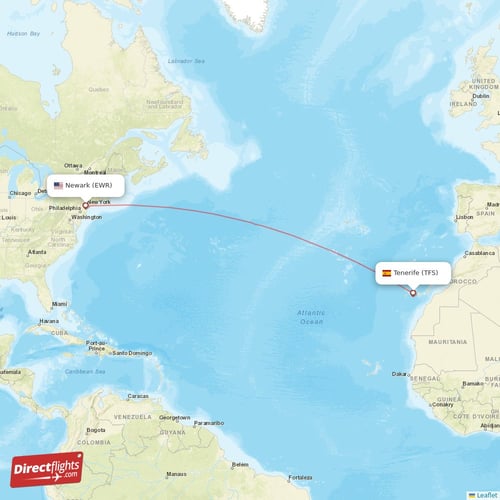 Tenerife - New York direct flight map