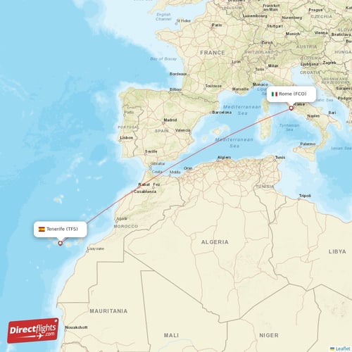 Tenerife - Rome direct flight map