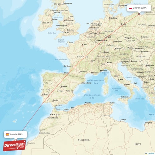 Tenerife - Gdansk direct flight map