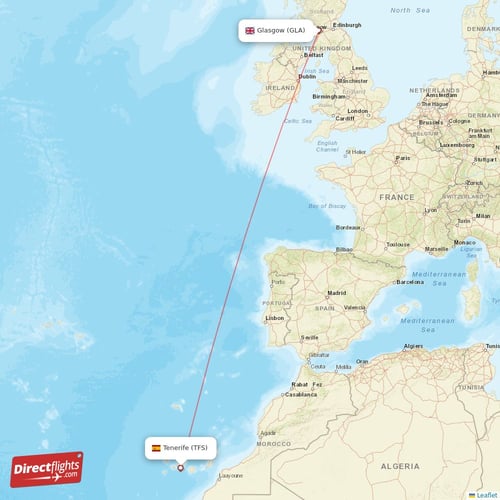Tenerife - Glasgow direct flight map