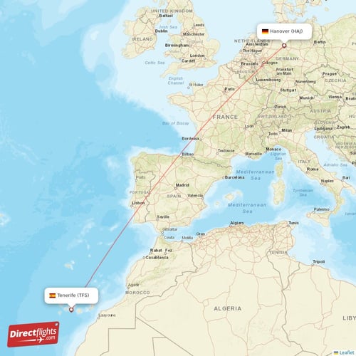 Tenerife - Hanover direct flight map
