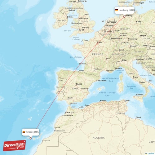 Tenerife - Hamburg direct flight map