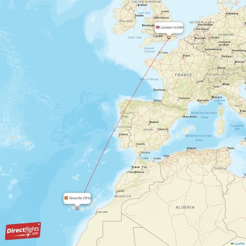 Tenerife - London direct flight map