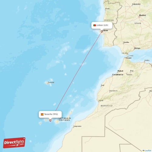 Tenerife - Lisbon direct flight map