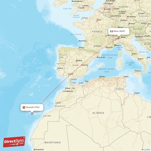 Tenerife - Milan direct flight map