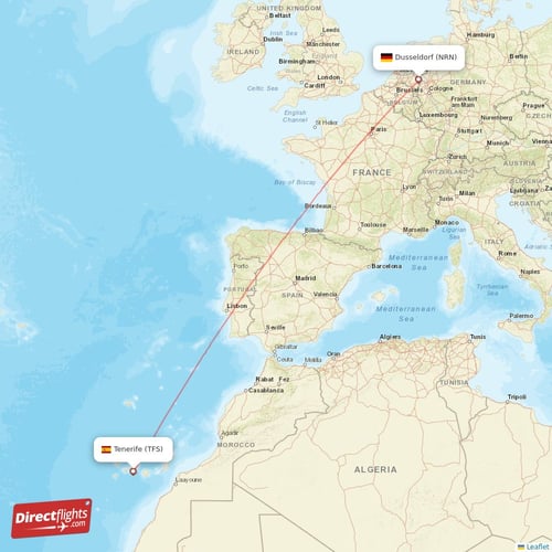 Tenerife - Dusseldorf direct flight map