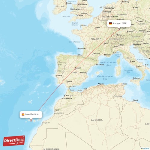 Tenerife - Stuttgart direct flight map