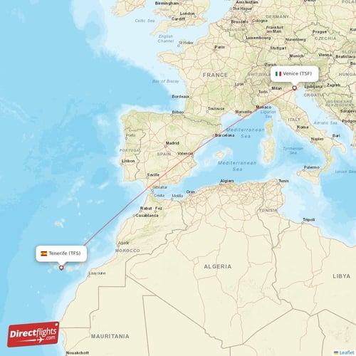 Tenerife - Venice direct flight map
