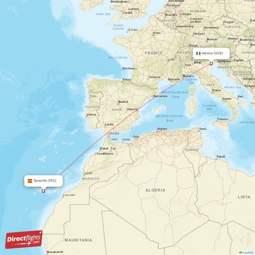 Tenerife - Venice direct flight map