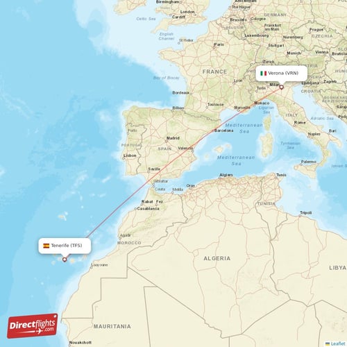 Tenerife - Verona direct flight map