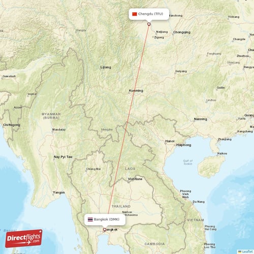 Chengdu - Bangkok direct flight map